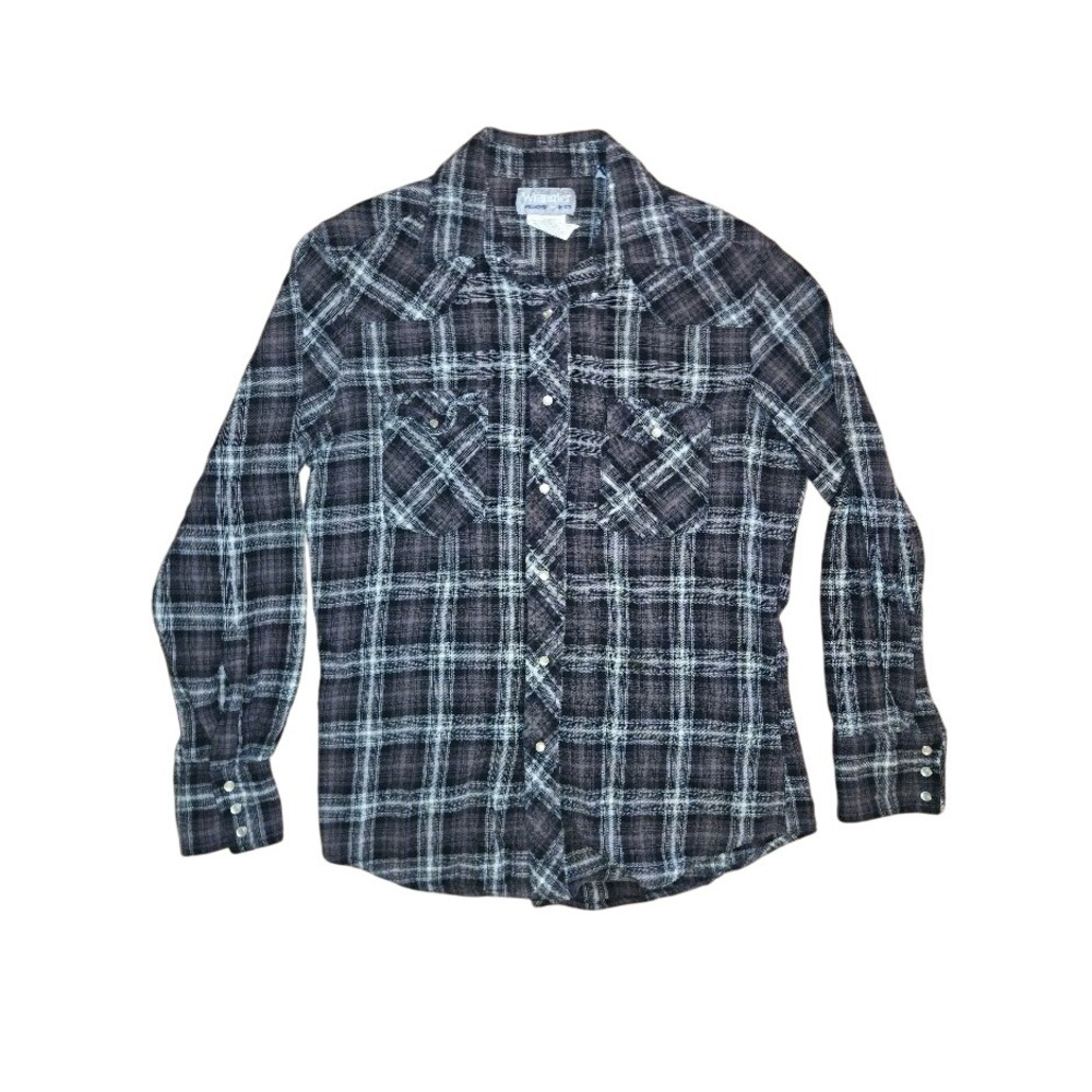 Wrangler Wrancher Mens Medium Grey Black Plaid Western Pearl Snap Shirt MTSC073